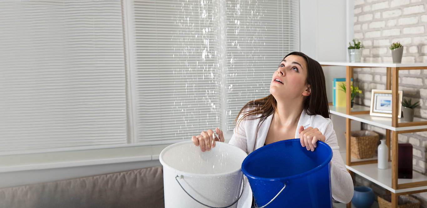 Woman Holding The Buckets Under The Water Leakage