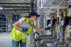 Energy-Efficient Plumbing woman looking at pipes to check for Energy-Efficient Plumbing